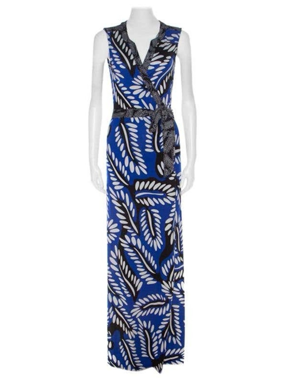 Diane Von Furstenberg Blue and Black Leaf-Print Wrap Maxi Dress - Picture 2 of 7